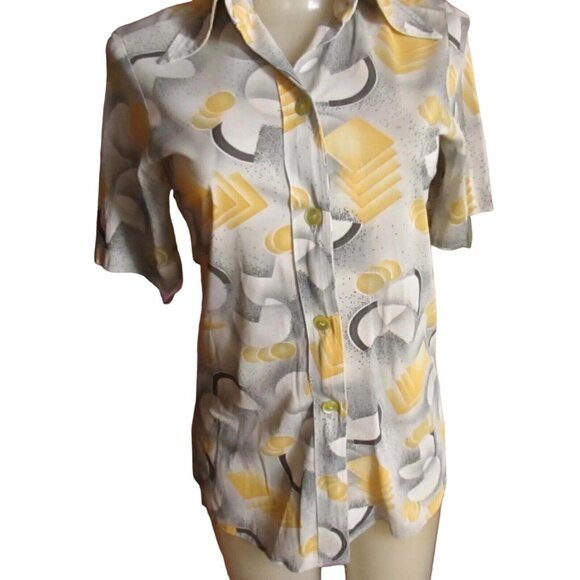 Small Disco Top Vintage 70's Abstract Print Blouse Mom Collar Groovy Geometric - Picture 2 of 4